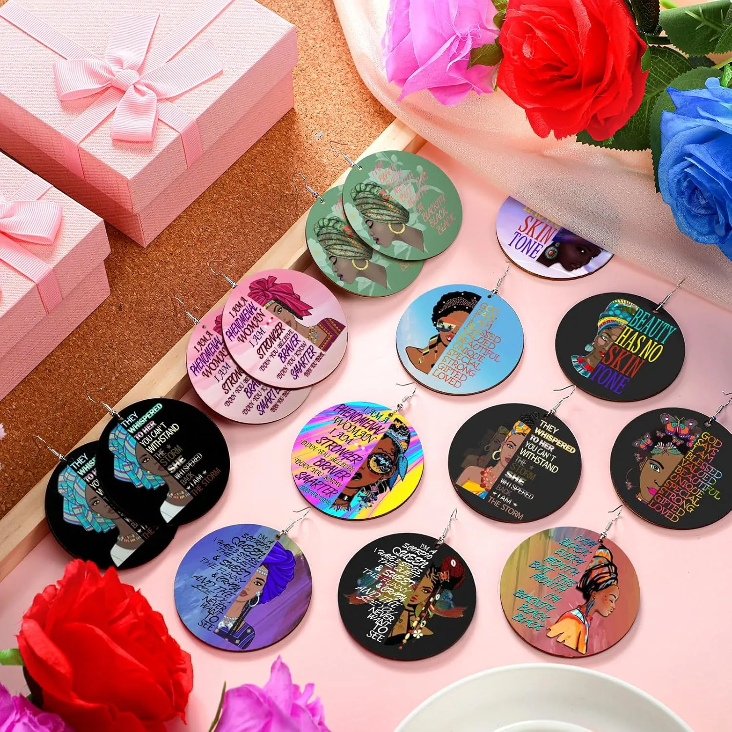12 Pairs Motivational Ethnic Earrings for Black Women Wood Dangle African American Earrings Hispanic Heritage Month Jewelry