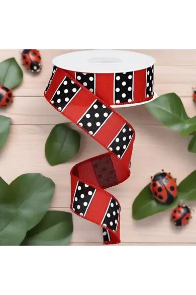 1.5" B & W Polka Dot Stripes Ribbon: Red (10 Yards)