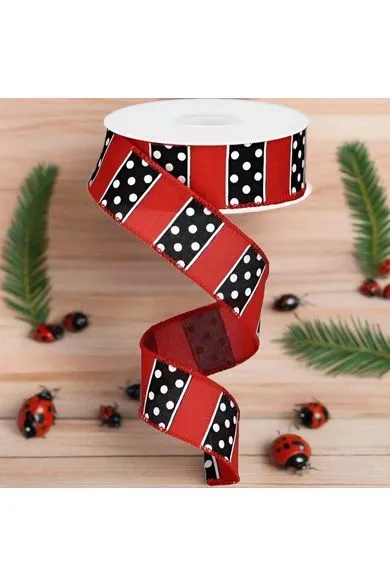 1.5" B & W Polka Dot Stripes Ribbon: Red (10 Yards)