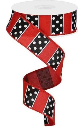 1.5" B & W Polka Dot Stripes Ribbon: Red (10 Yards)