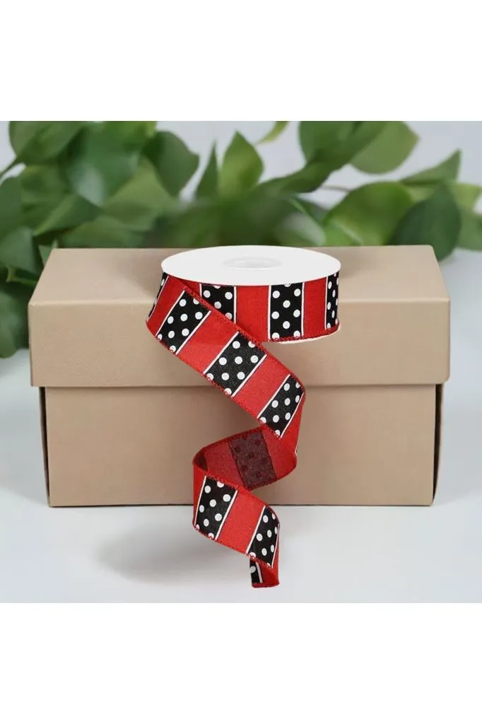 1.5" B & W Polka Dot Stripes Ribbon: Red (10 Yards)