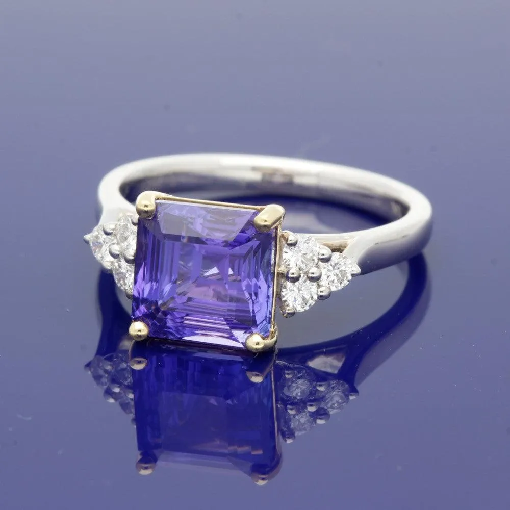 18ct White Gold Square Asscher Cut Tanzanite and Diamond Ring