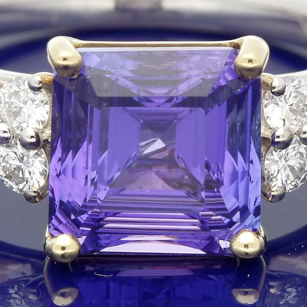 18ct White Gold Square Asscher Cut Tanzanite and Diamond Ring