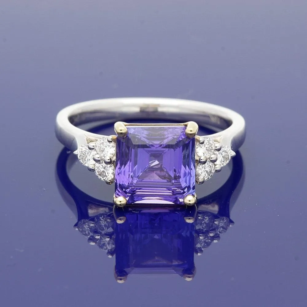 18ct White Gold Square Asscher Cut Tanzanite and Diamond Ring