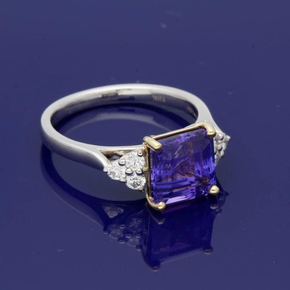 18ct White Gold Square Asscher Cut Tanzanite and Diamond Ring