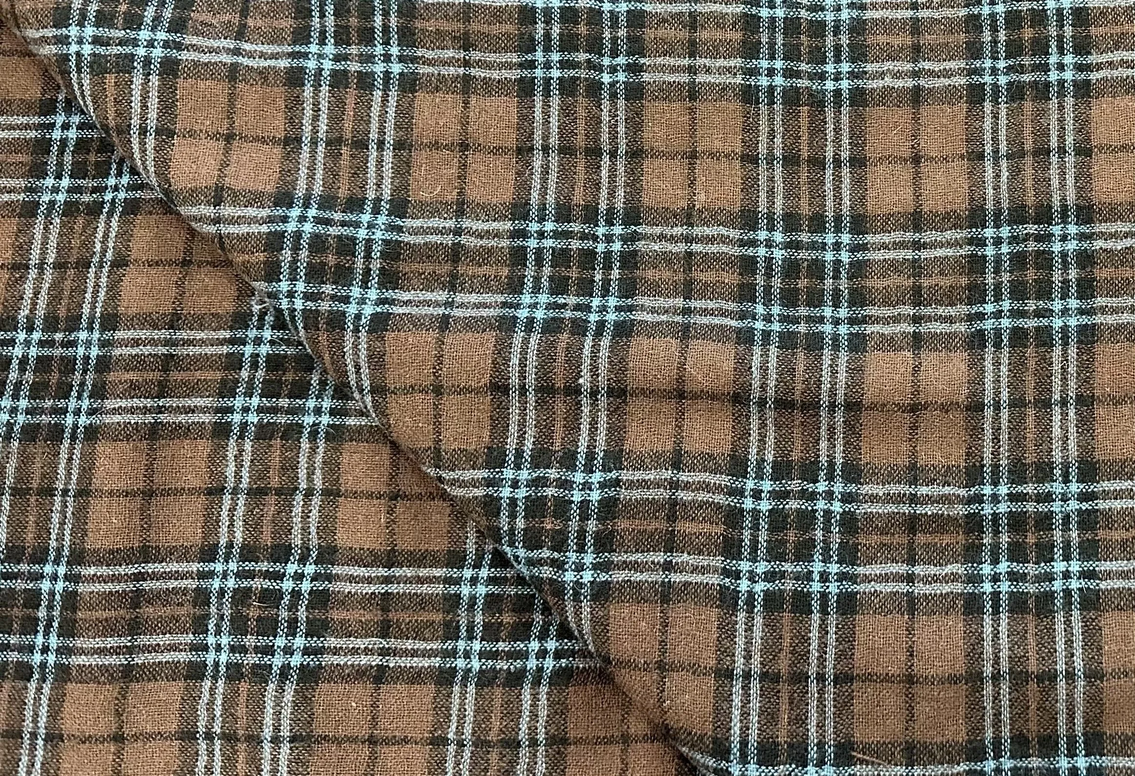 2 7/8 YD PC- Brown/Light Blue/Black Plaid Wool Blend Jacketing Fabric