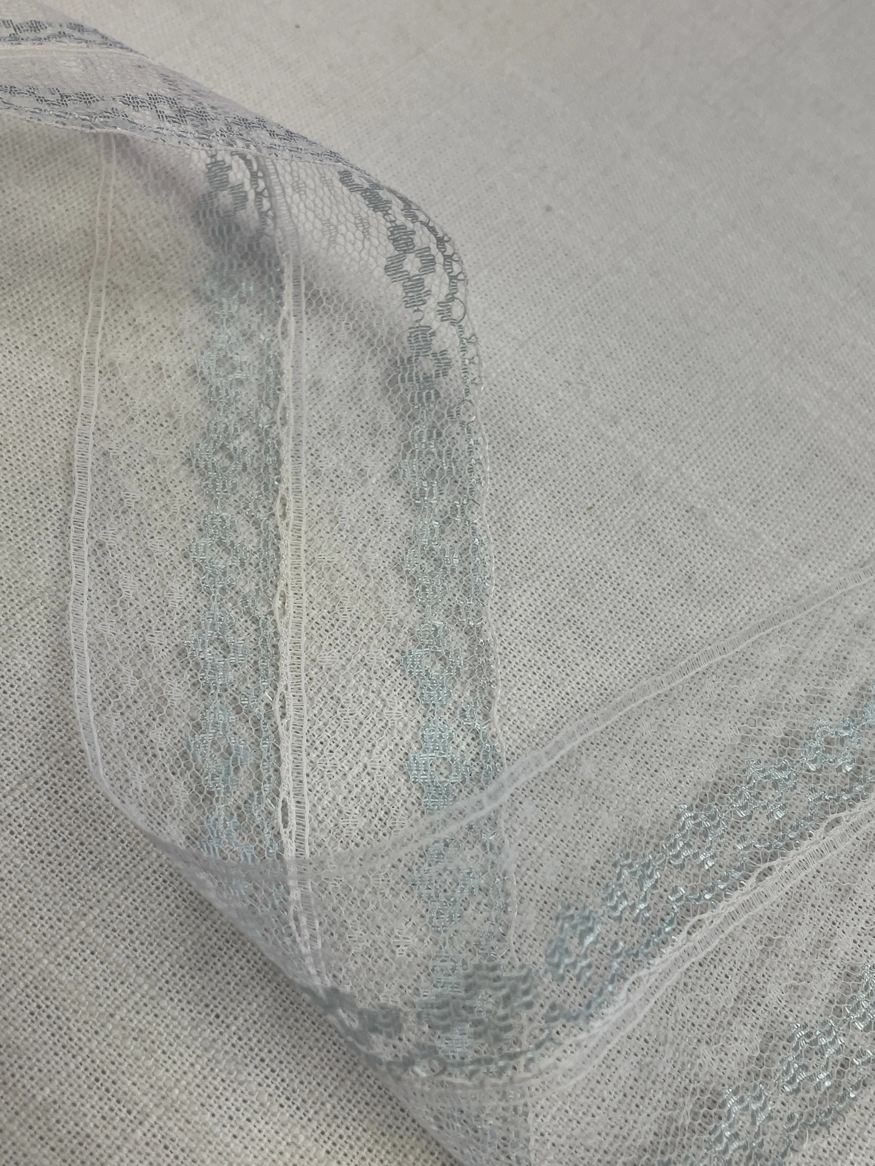 2 YD Nylon Flat Lace Trim Vintage - Off White with Light Blue