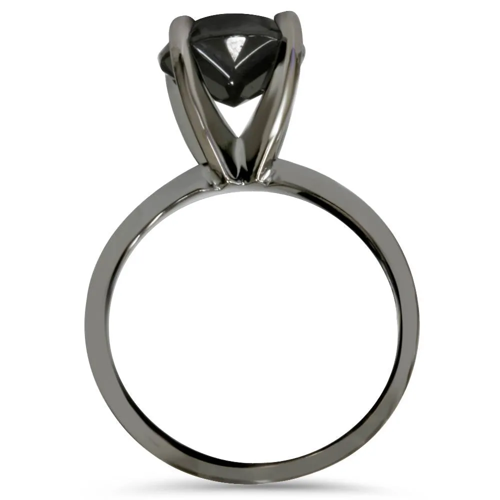 2ct Treated Black Solitaire AAA Round Engagement Ring 14k Black Gold