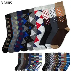 3 Pairs Mens Dress Socks Multi Color Funky Assorted Patterned Fashion Size 10-13