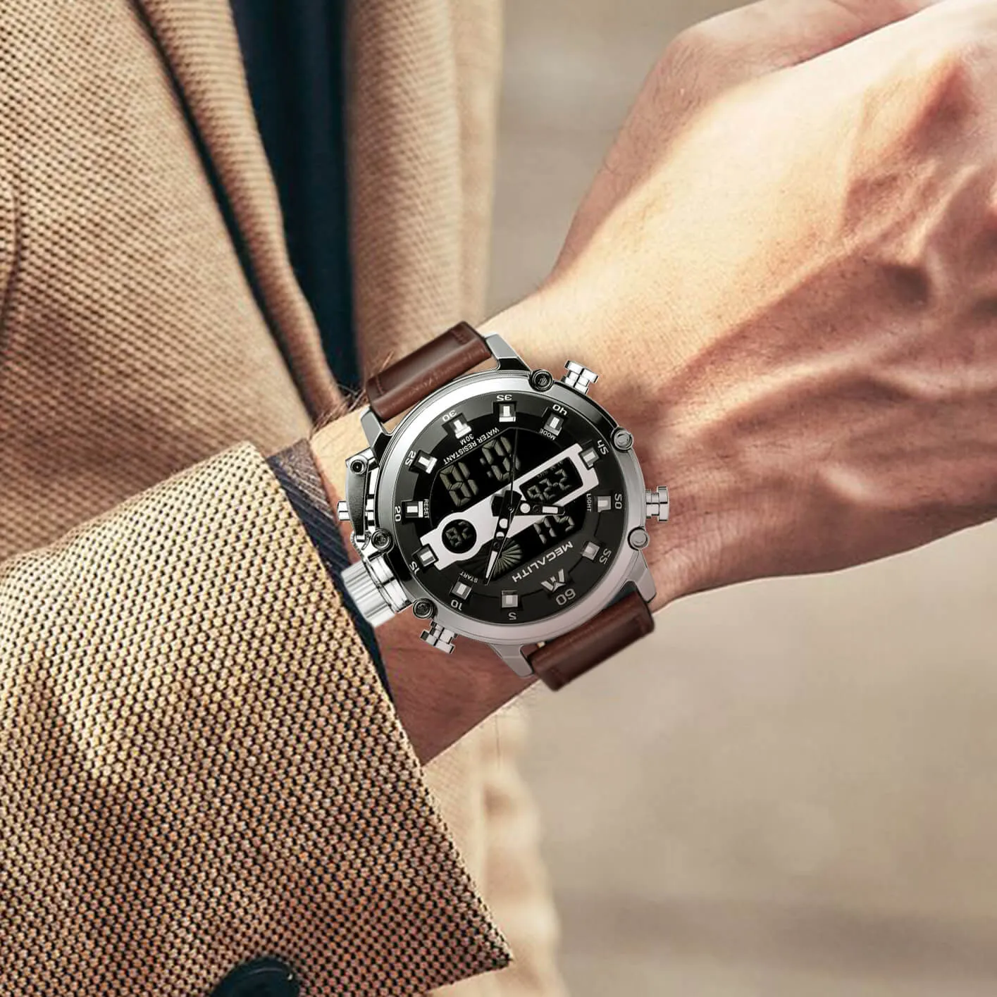 8051M | Analog Digital Men Watch | Leather Band