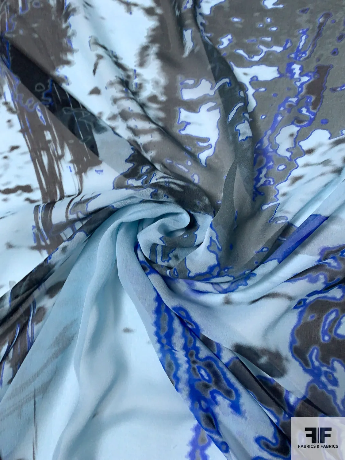 Abstract Printed Silk Chiffon - Light Aqua / Royal Blue / Black