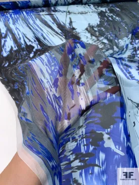 Abstract Printed Silk Chiffon - Light Aqua / Royal Blue / Black