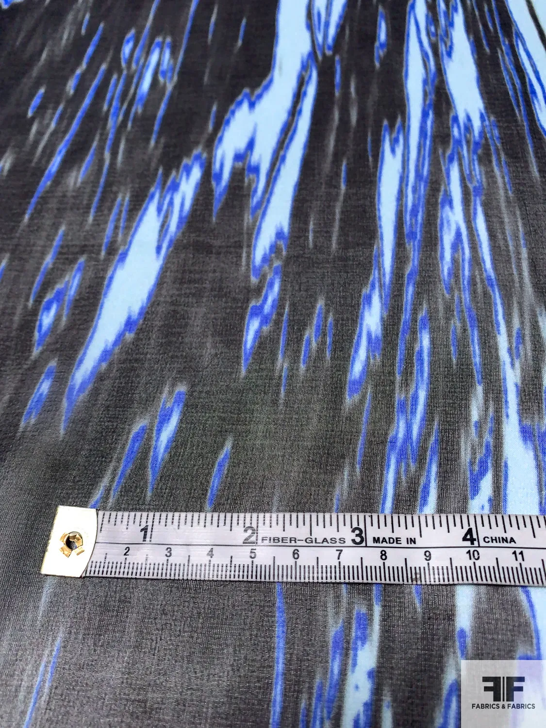 Abstract Printed Silk Chiffon - Light Aqua / Royal Blue / Black