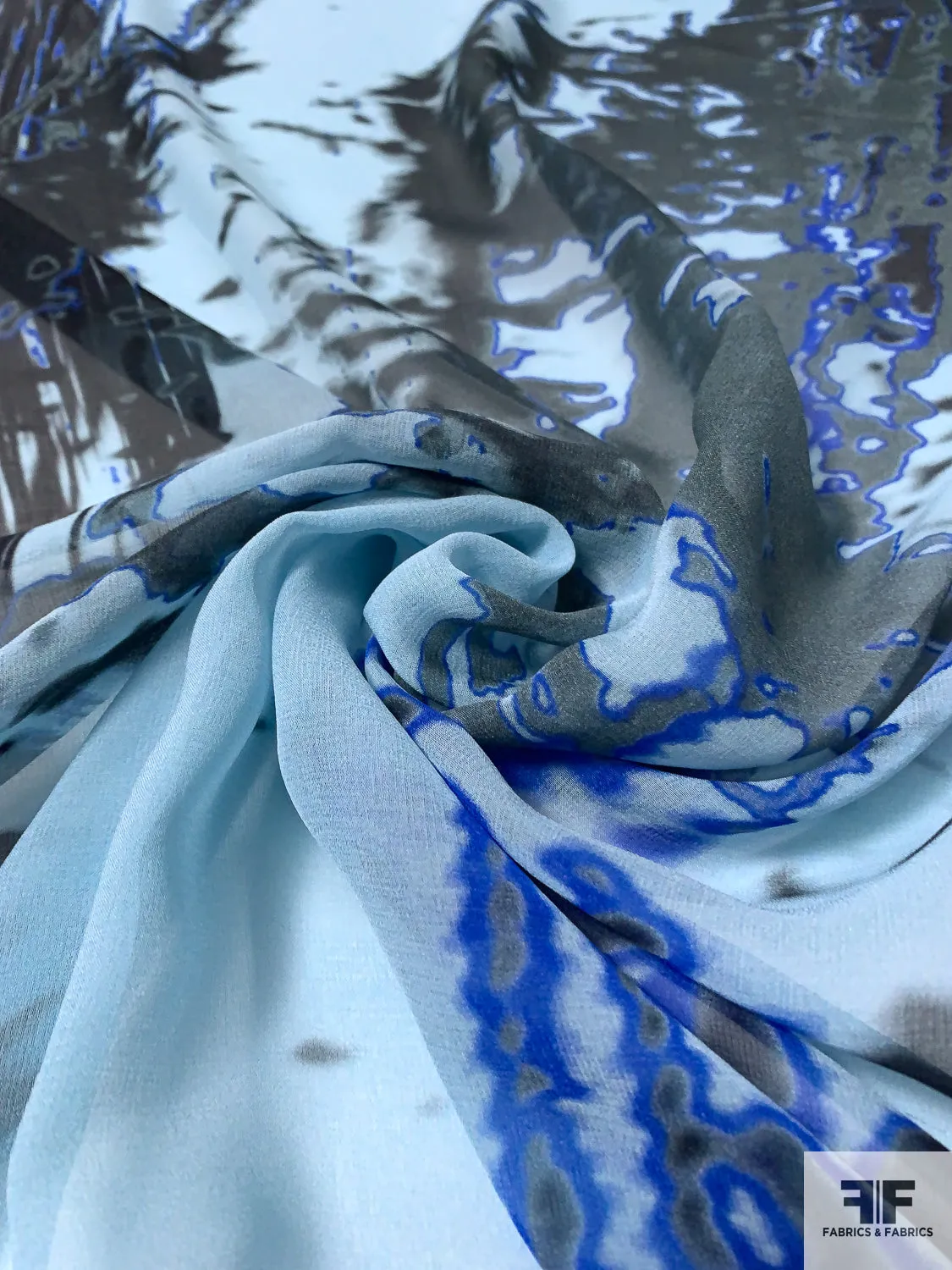 Abstract Printed Silk Chiffon - Light Aqua / Royal Blue / Black
