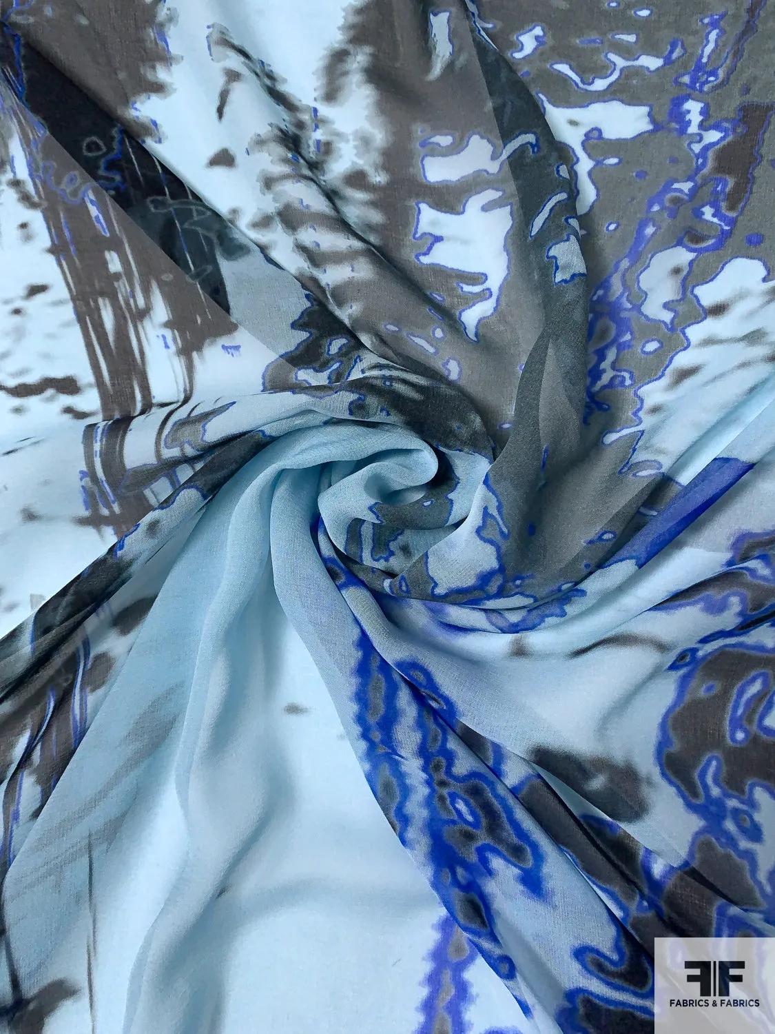 Abstract Printed Silk Chiffon - Light Aqua / Royal Blue / Black