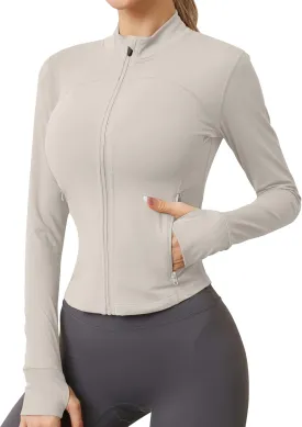 AKEWEI Womens Zip Up Workout Jackets Lightweight Athletic Slim Fit Track Jacket with Inner and Outer Pockets and Thumb Holes