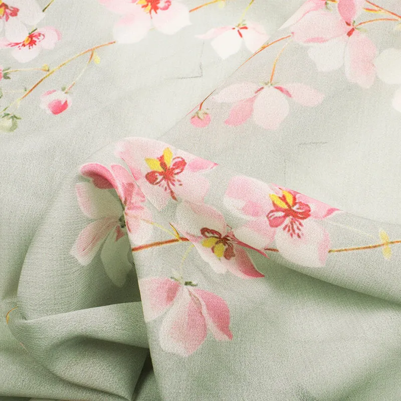 Annapolis Green And Rose Pink Floral Pattern Digital Print Georgette Fabric