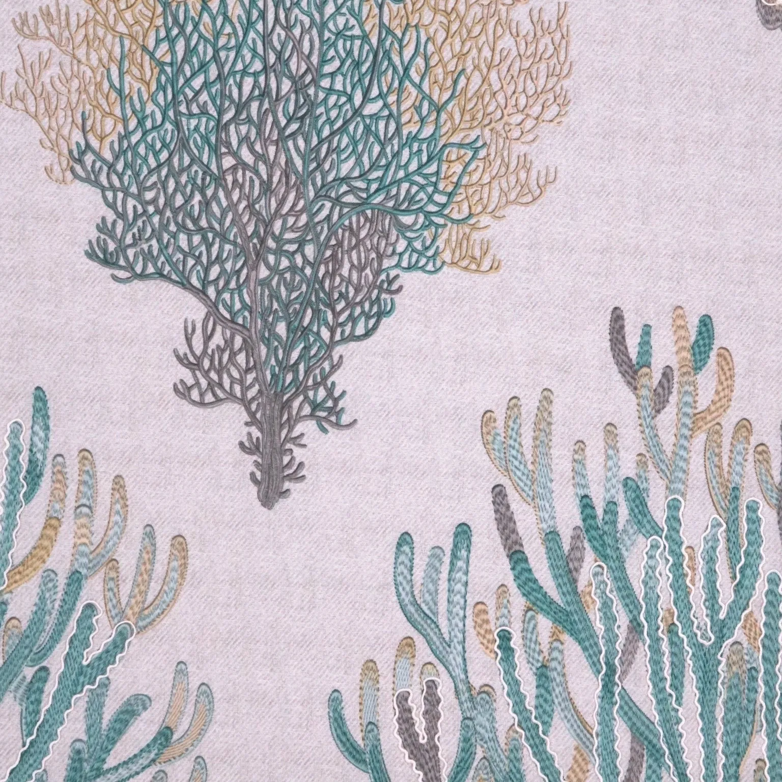 Aqua Nutmeg Bermuda Coral Reef on Off White Background Linen Fabric