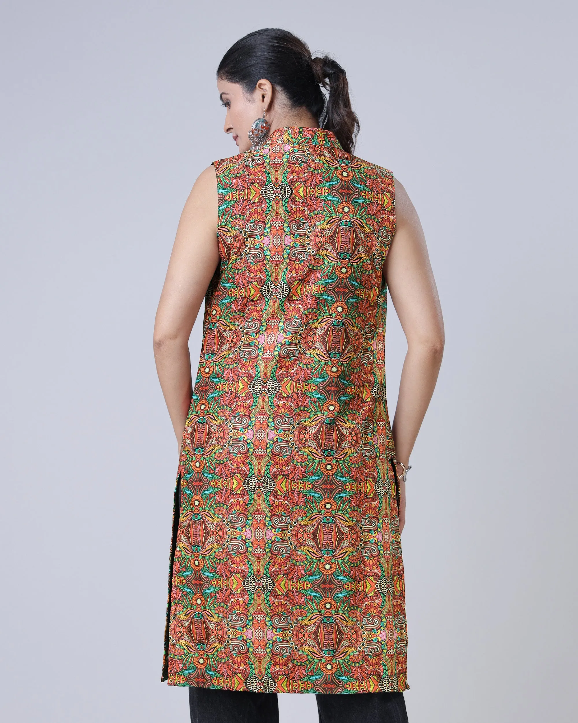 Attractive Multicolor Floral Sleeveless Long Jacket For Women