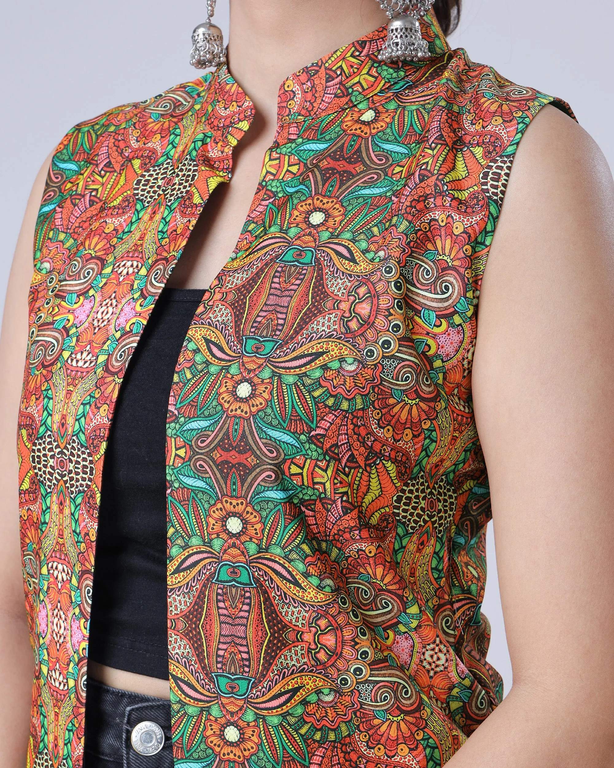 Attractive Multicolor Floral Sleeveless Long Jacket For Women