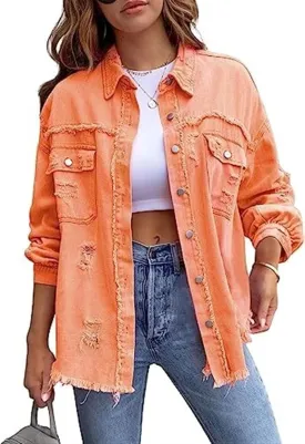 AYGJKIE Women's Oversized Frayed Lightweight Denim Jacket Button Down Ripped Distressed Jean Shacket