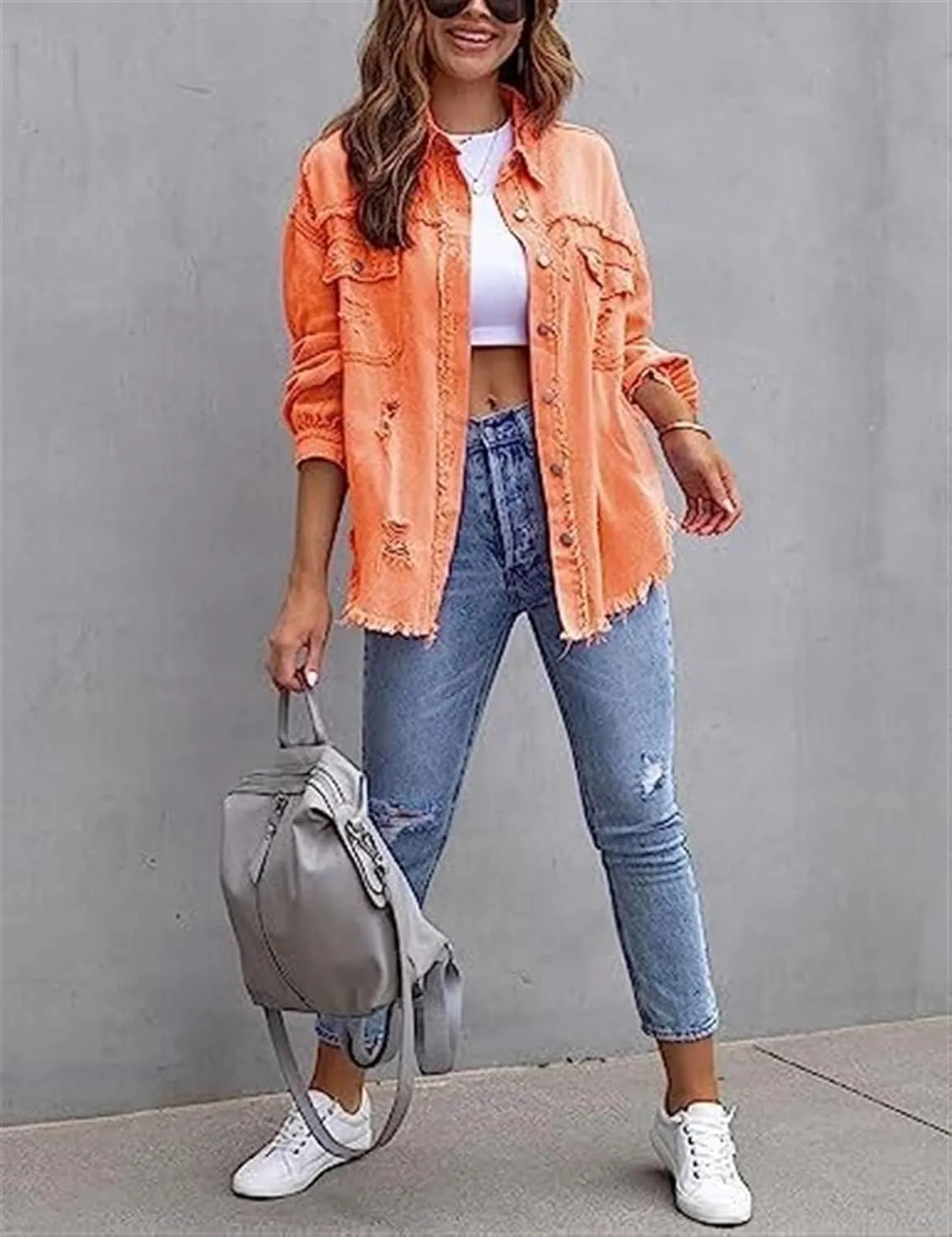 AYGJKIE Women's Oversized Frayed Lightweight Denim Jacket Button Down Ripped Distressed Jean Shacket
