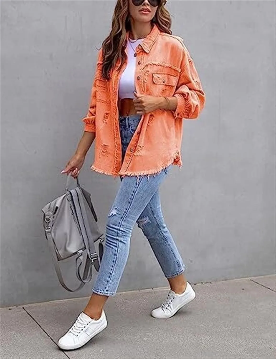 AYGJKIE Women's Oversized Frayed Lightweight Denim Jacket Button Down Ripped Distressed Jean Shacket