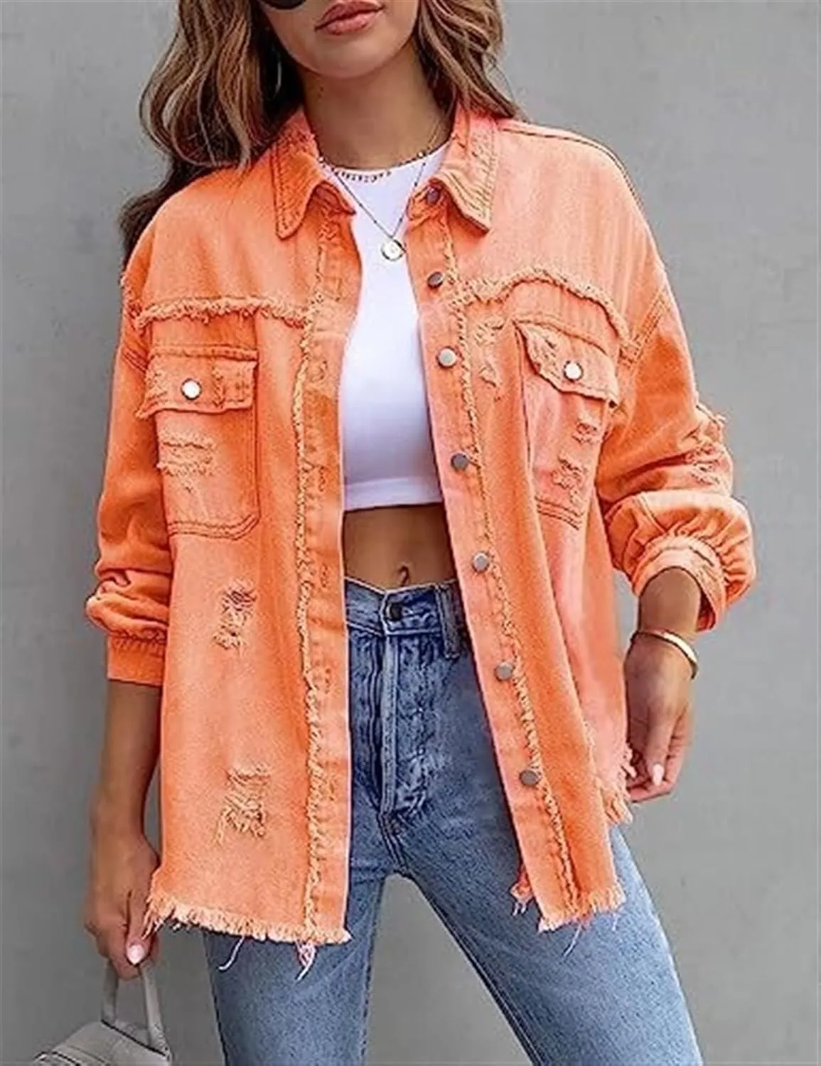 AYGJKIE Women's Oversized Frayed Lightweight Denim Jacket Button Down Ripped Distressed Jean Shacket