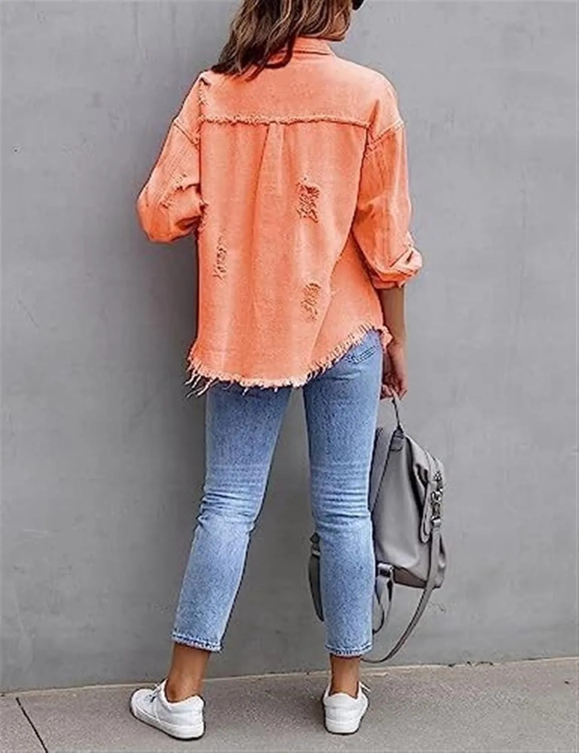 AYGJKIE Women's Oversized Frayed Lightweight Denim Jacket Button Down Ripped Distressed Jean Shacket