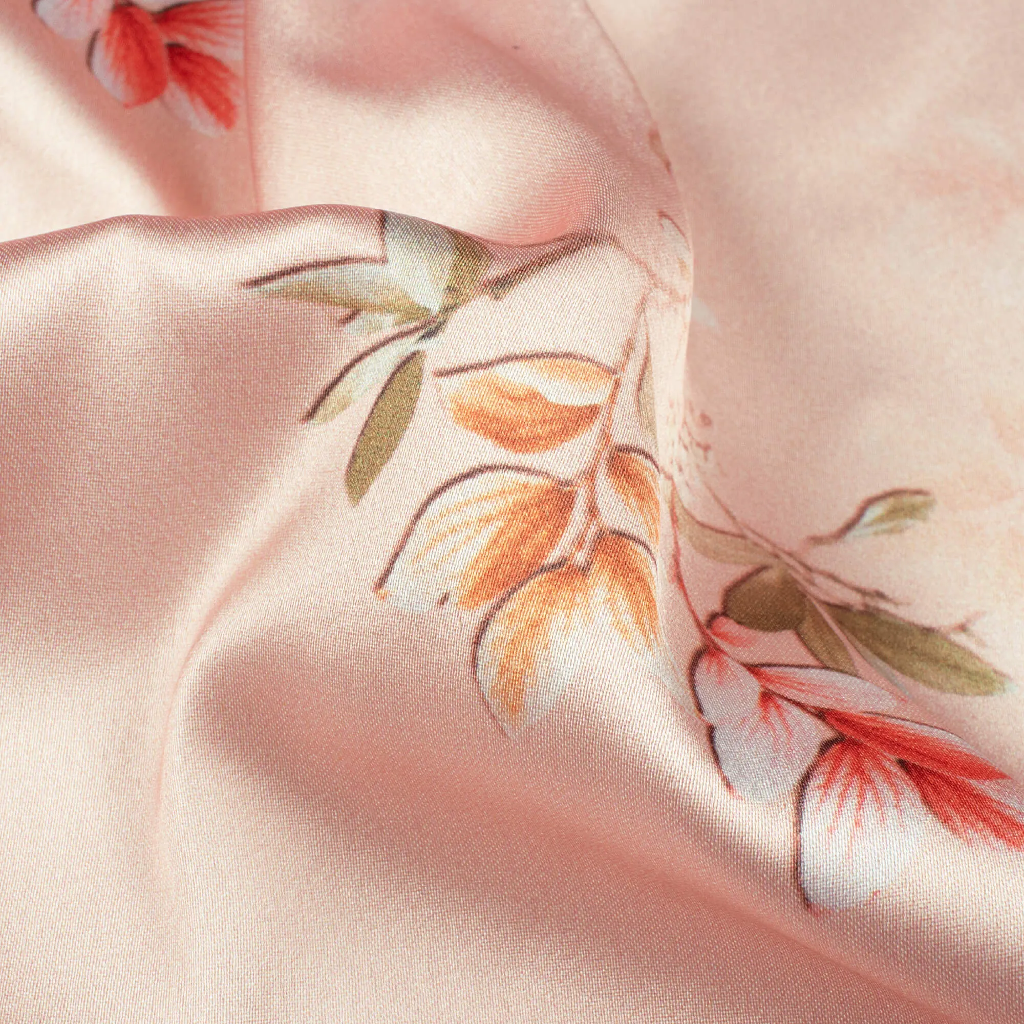 Baby Pink And Brown Floral Pattern Digital Print Japan Satin Fabric