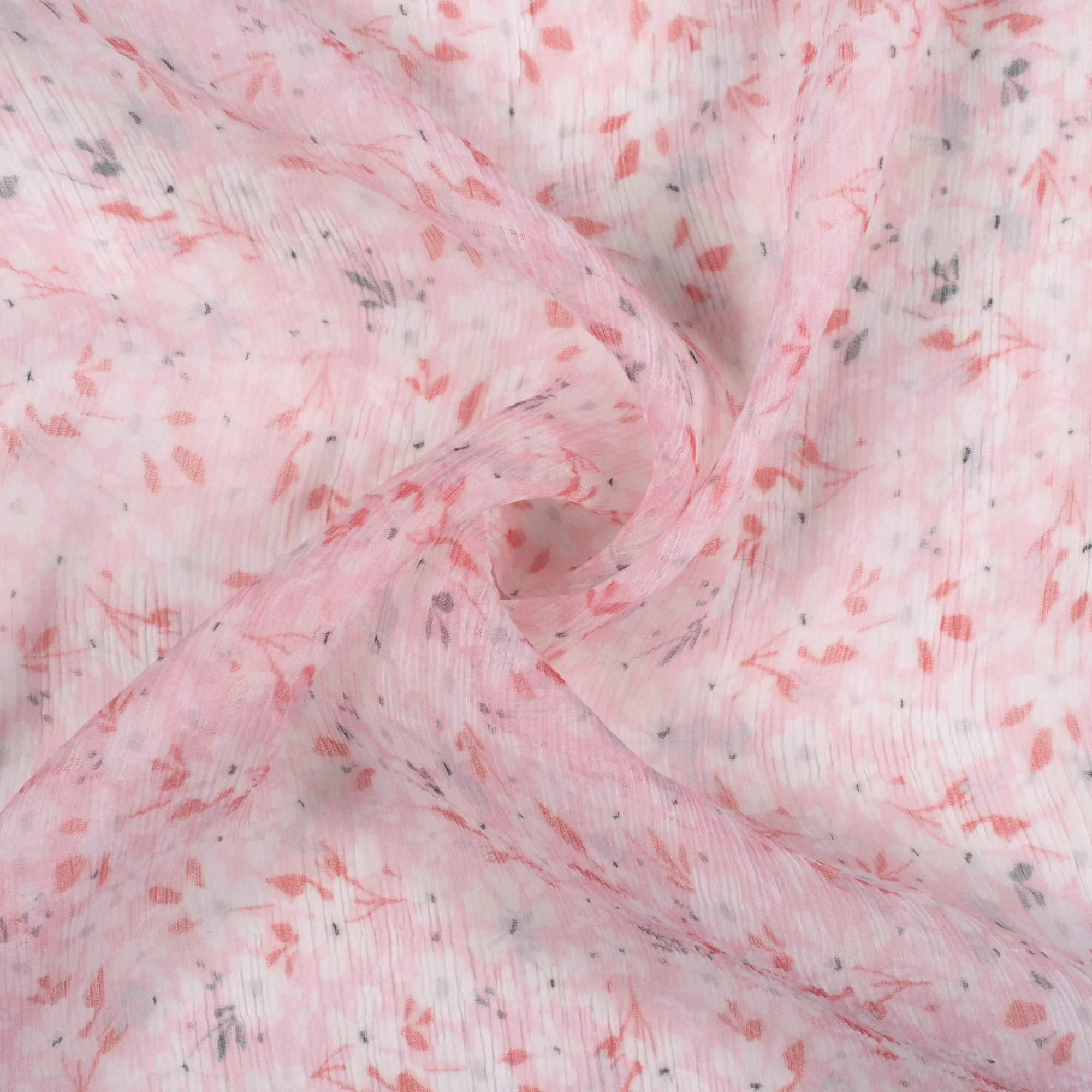 Baby Pink And White Floral Pattern Digital Print Bemberg Chiffon Fabric