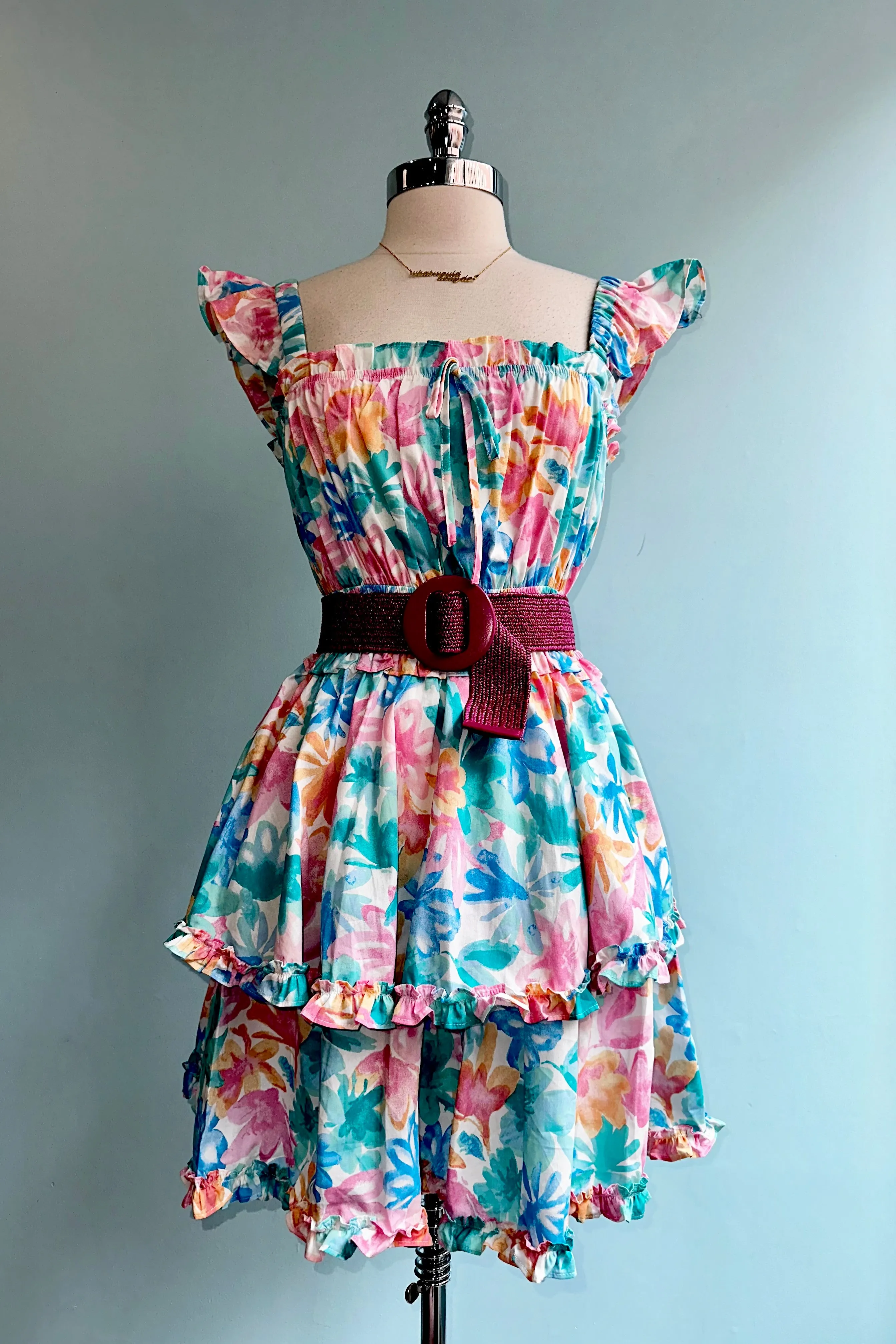Candy Pink & Baby Blue Elastic Shoulder Dress