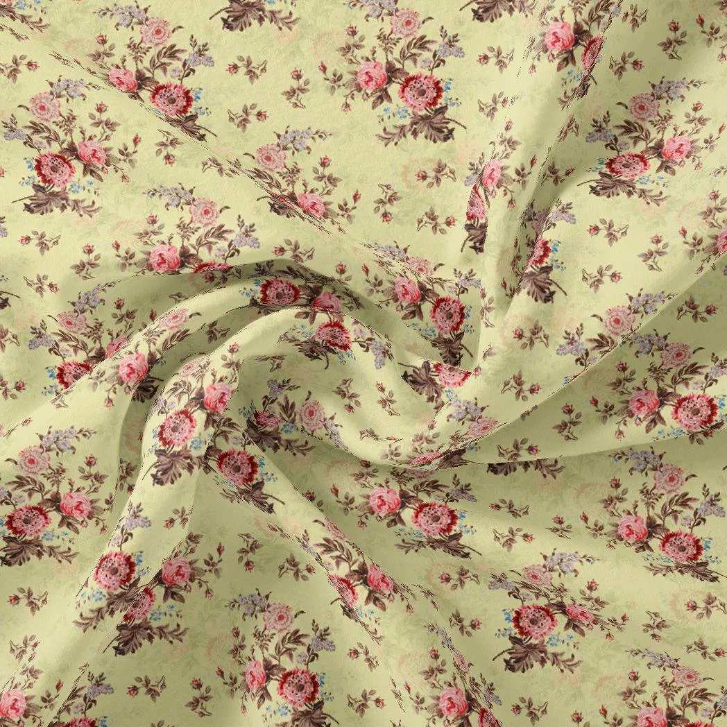 Chrysanthemum And Roses Bunch Digital Printed Fabric - Kora Silk
