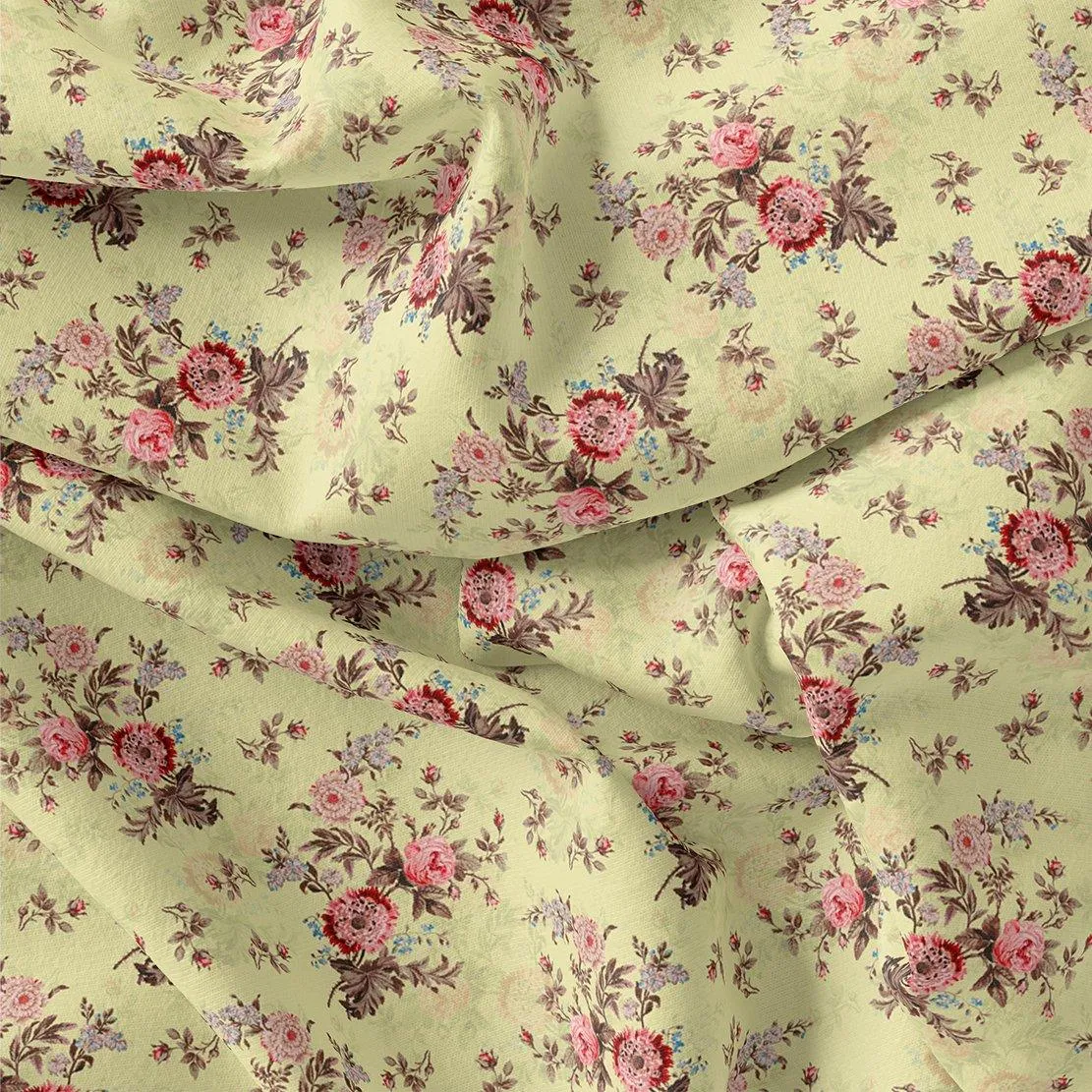 Chrysanthemum And Roses Bunch Digital Printed Fabric - Kora Silk