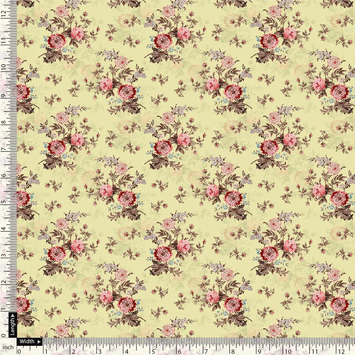 Chrysanthemum And Roses Bunch Digital Printed Fabric - Kora Silk