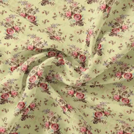 Chrysanthemum And Roses Bunch Digital Printed Fabric - Kora Silk