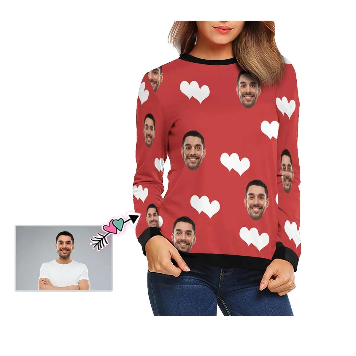 Custom Boyfriend Face Red Love Women's Casual Crew Neck Sweatshirt Personalized Long Sleeve Loose Sweatshirt, Best Gift For Her