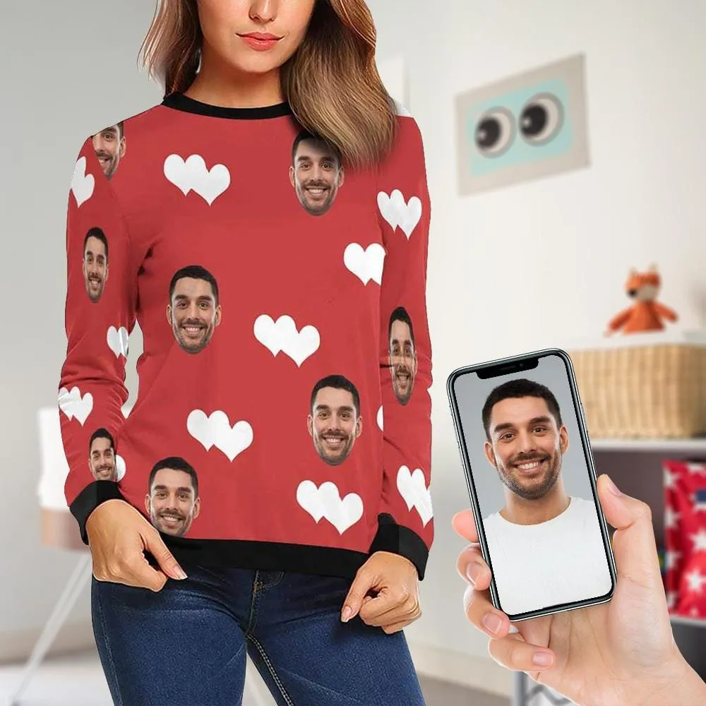 Custom Boyfriend Face Red Love Women's Casual Crew Neck Sweatshirt Personalized Long Sleeve Loose Sweatshirt, Best Gift For Her