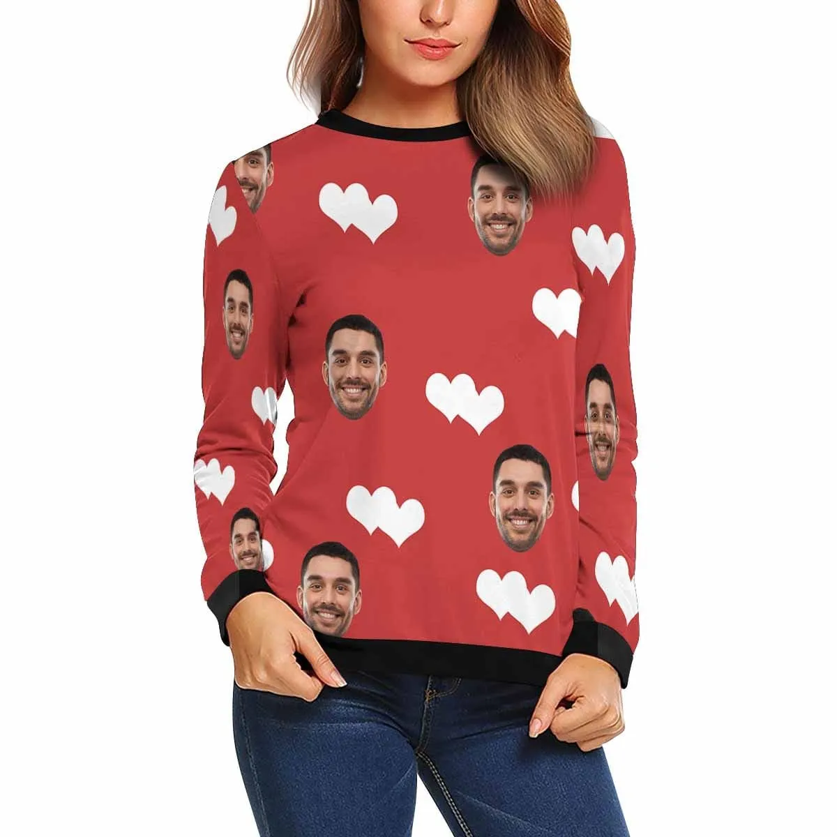 Custom Boyfriend Face Red Love Women's Casual Crew Neck Sweatshirt Personalized Long Sleeve Loose Sweatshirt, Best Gift For Her