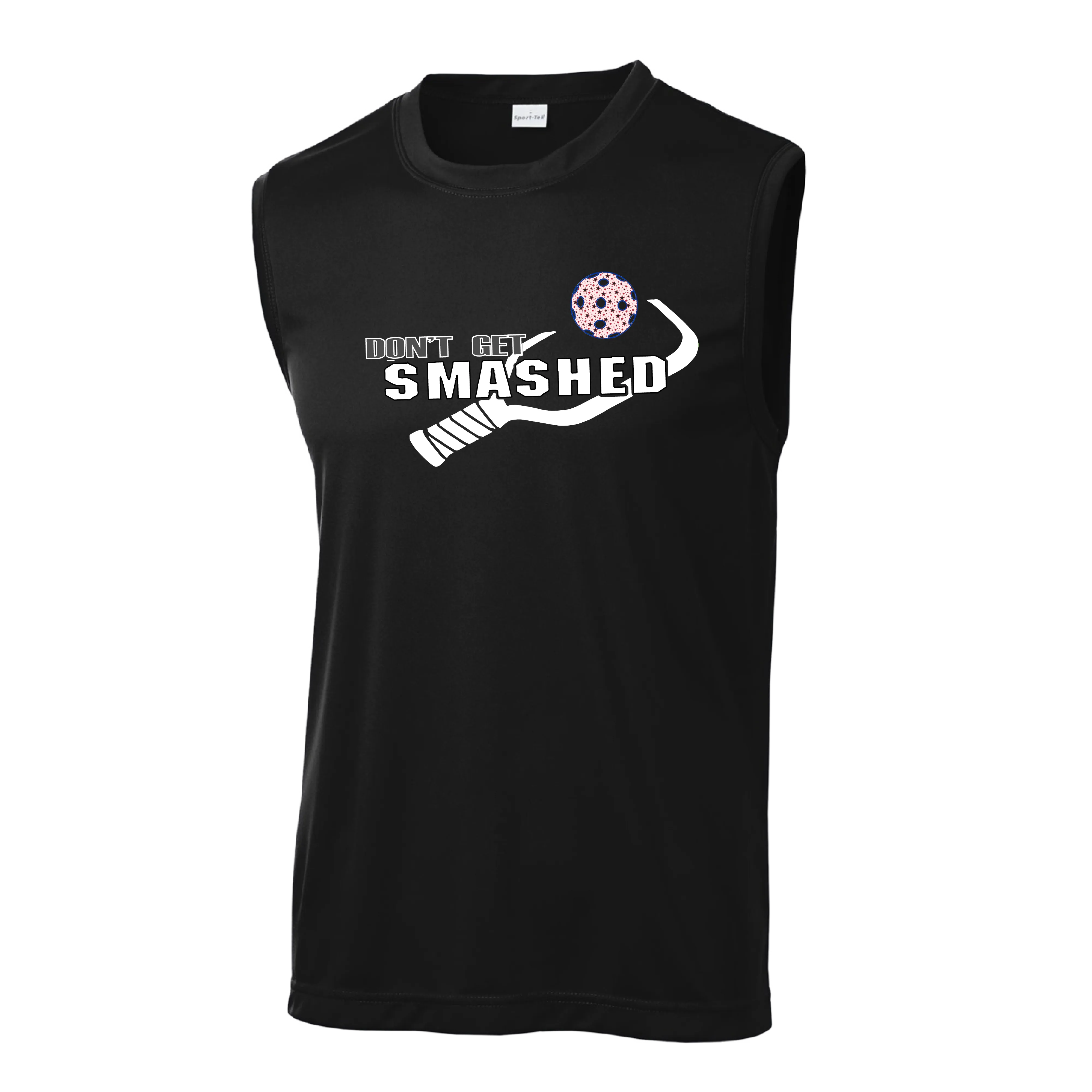 Don't Get Smashed With Pickleballs (Cyan Green Orange Pink Stars) Customizable | Men's Sleeveless Pickleball Shirt | 100% Polyester