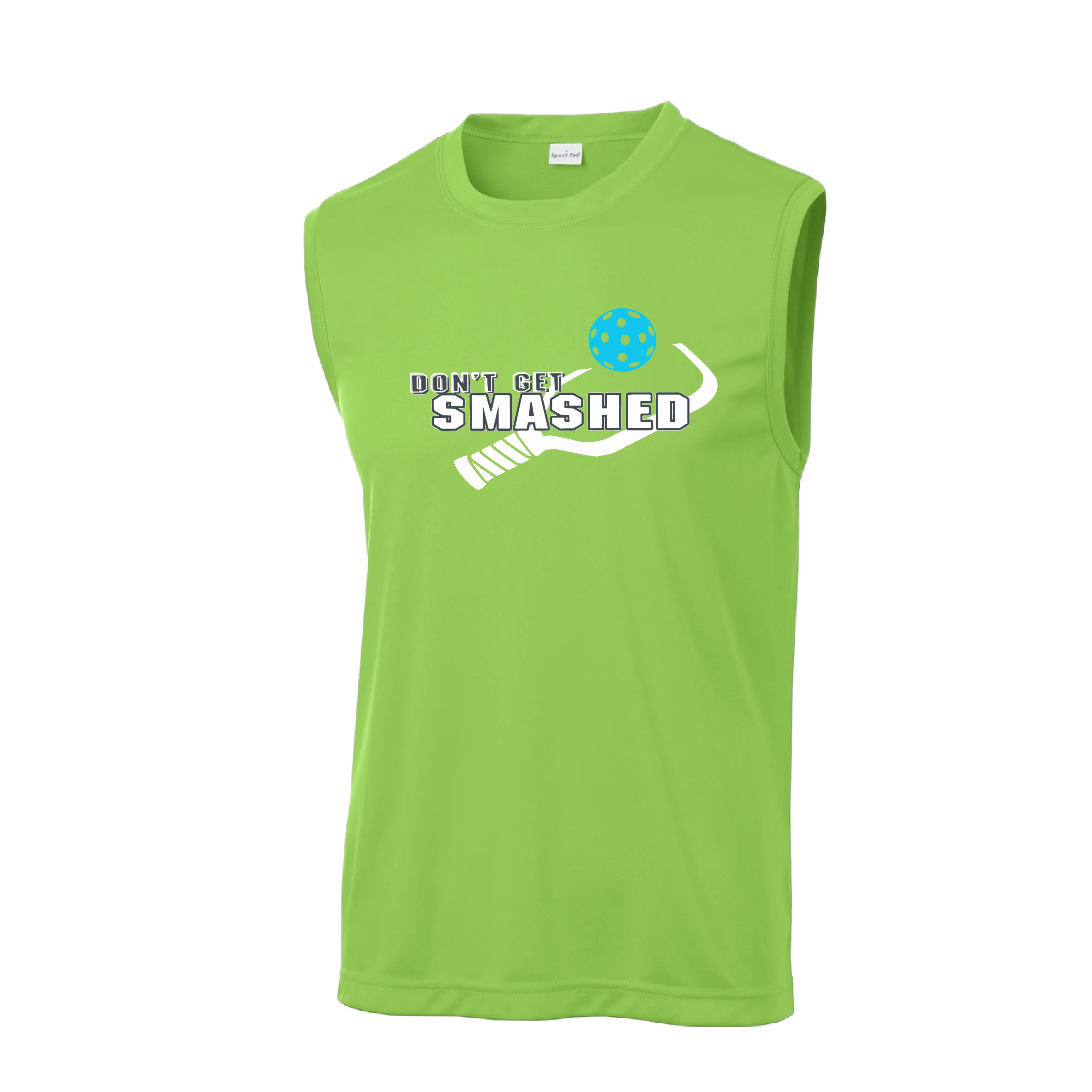 Don't Get Smashed With Pickleballs (Cyan Green Orange Pink Stars) Customizable | Men's Sleeveless Pickleball Shirt | 100% Polyester