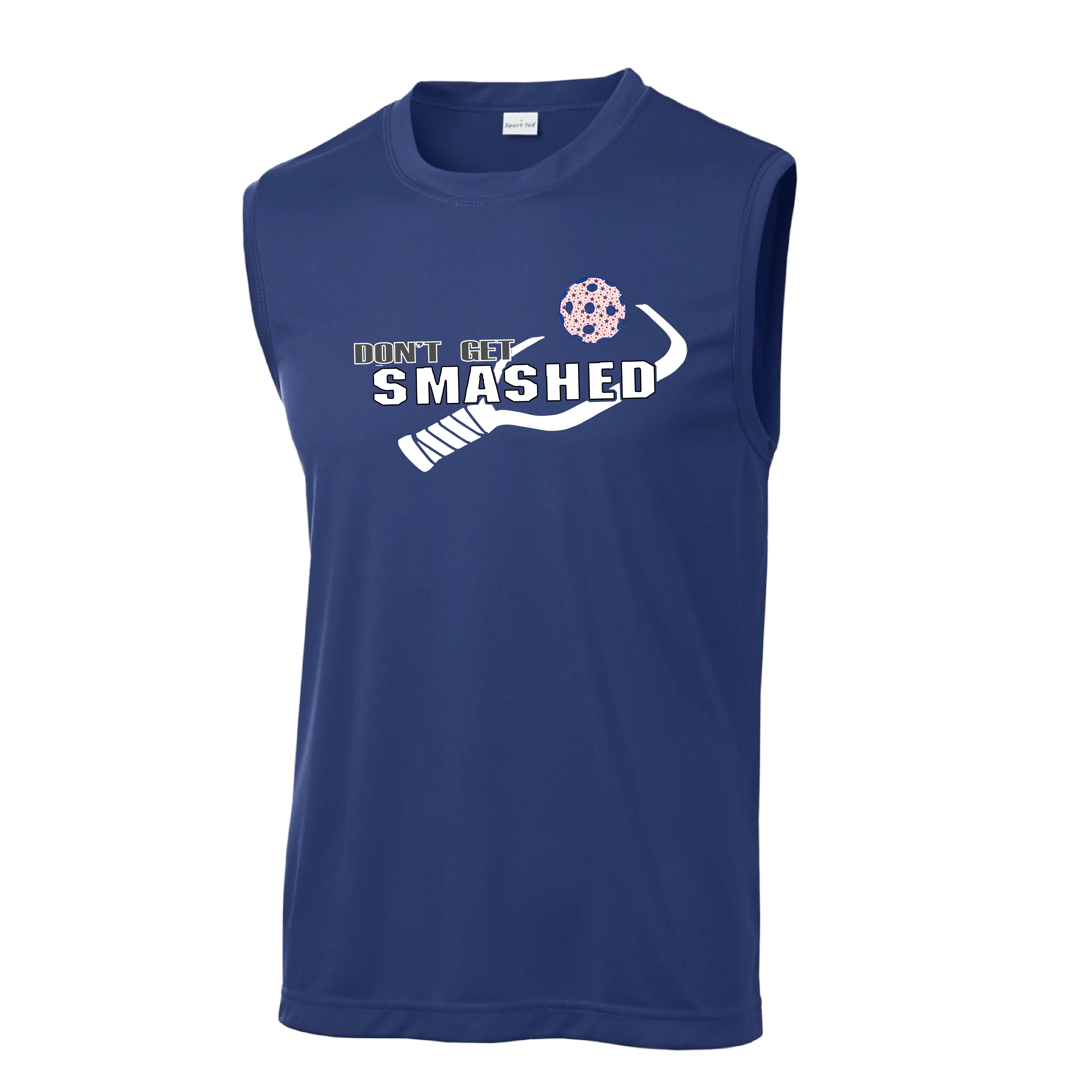 Don't Get Smashed With Pickleballs (Cyan Green Orange Pink Stars) Customizable | Men's Sleeveless Pickleball Shirt | 100% Polyester