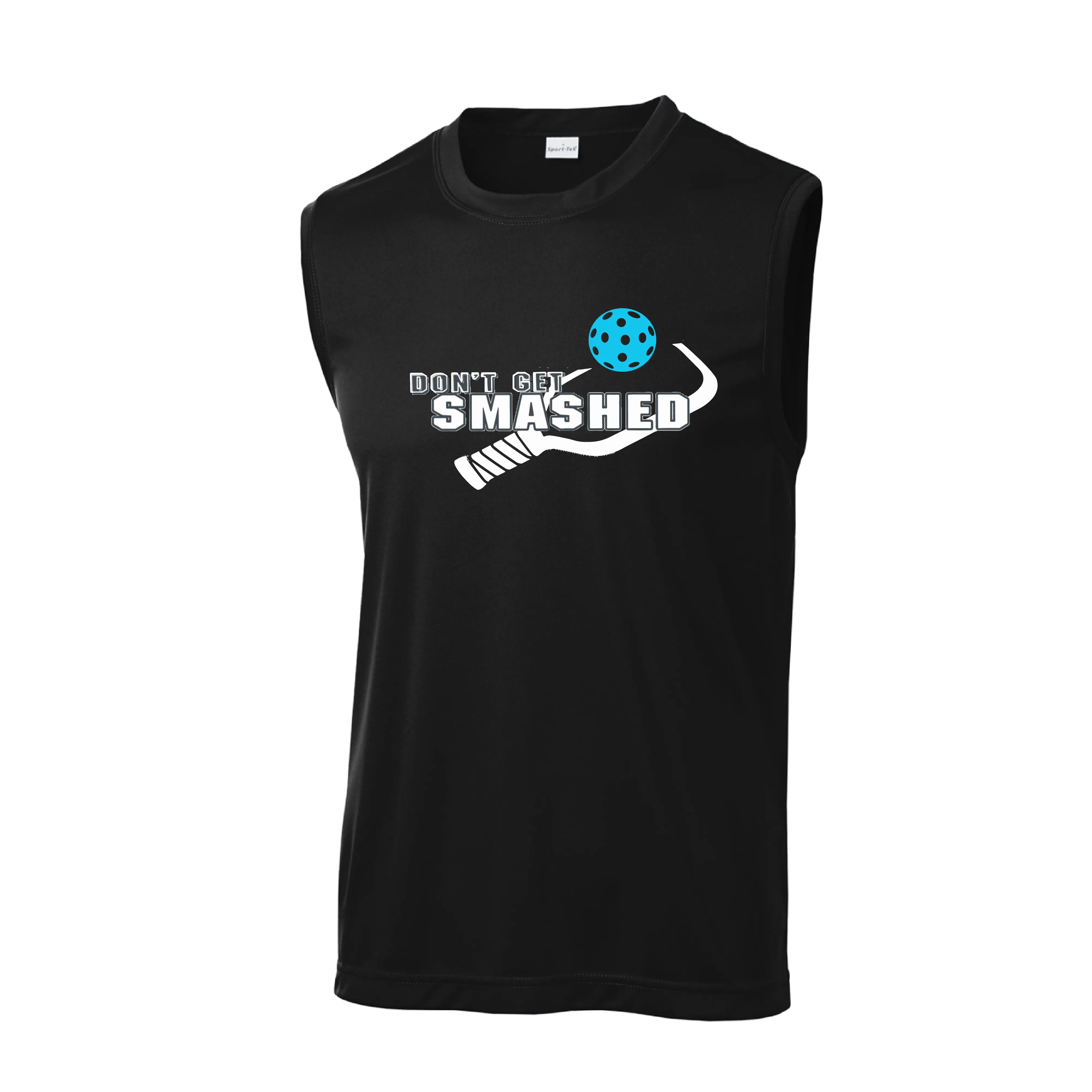 Don't Get Smashed With Pickleballs (Cyan Green Orange Pink Stars) Customizable | Men's Sleeveless Pickleball Shirt | 100% Polyester