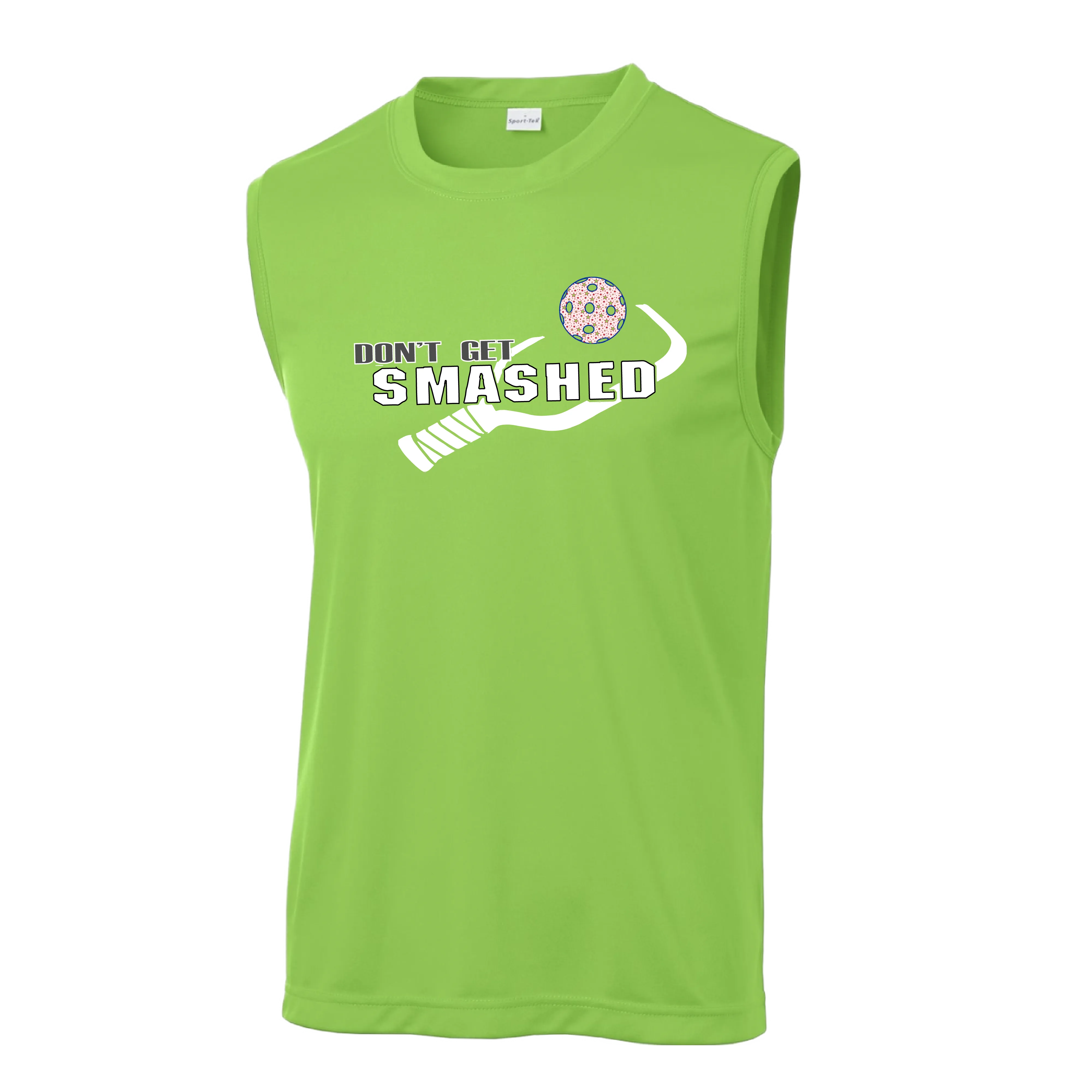 Don't Get Smashed With Pickleballs (Cyan Green Orange Pink Stars) Customizable | Men's Sleeveless Pickleball Shirt | 100% Polyester