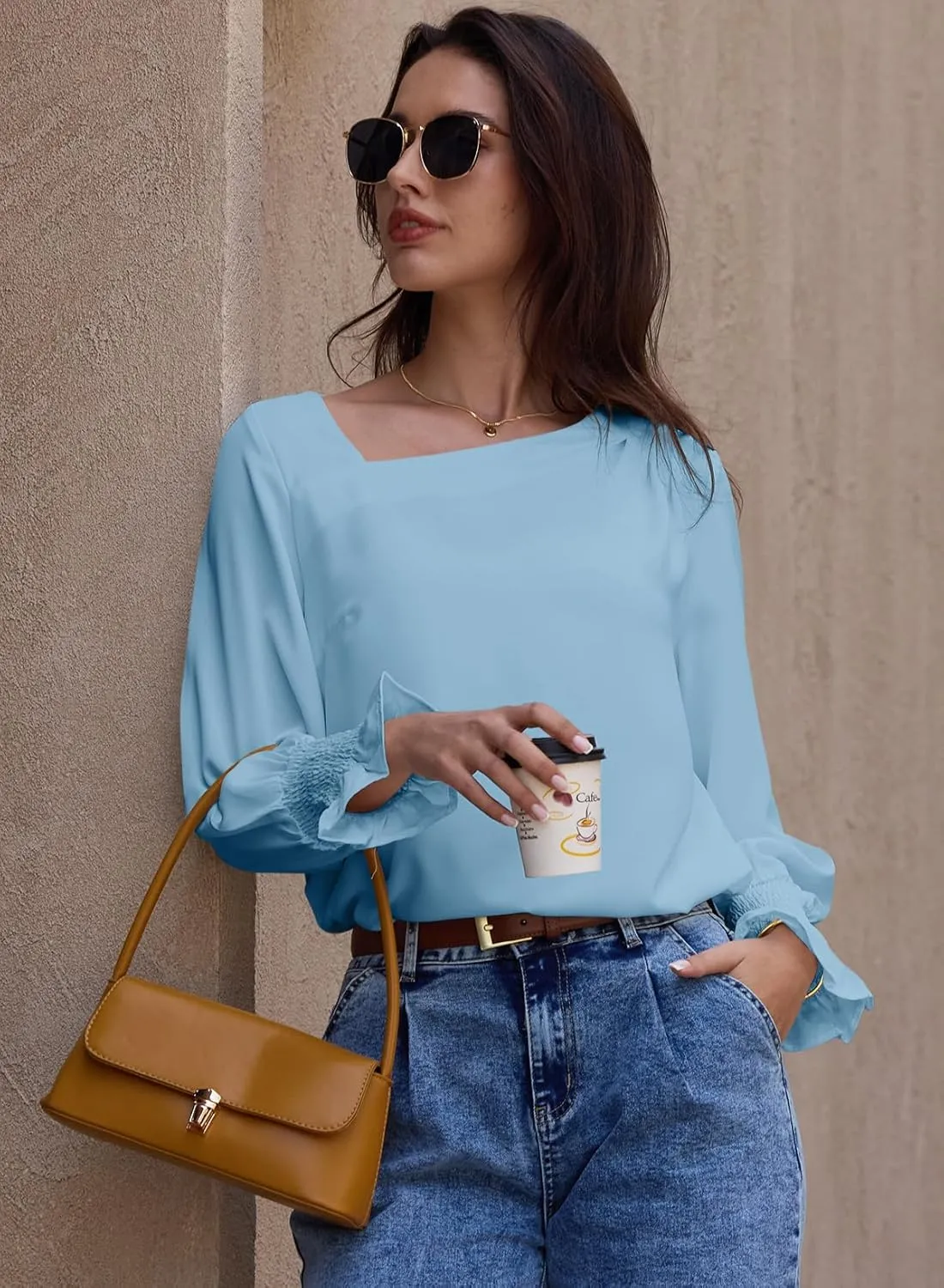 EVALESS Blouses for Women Dressy Casual Pleated Long Sleeve Tops Asymmetrical V Neck Business Work Shirts