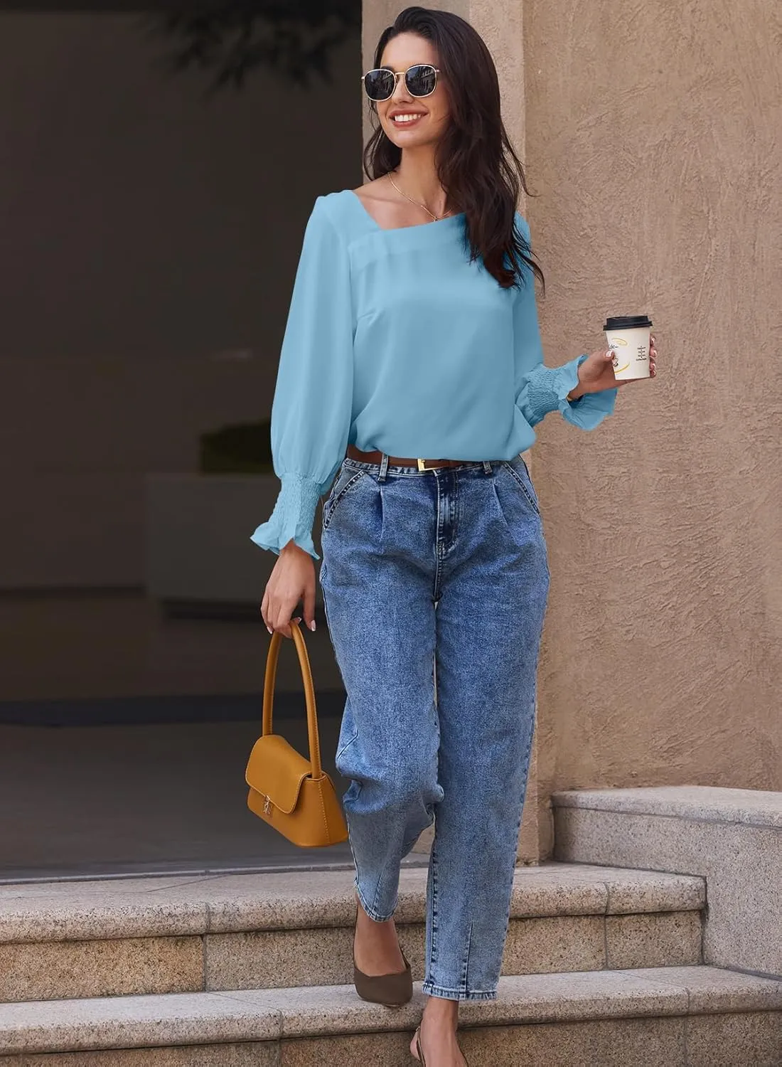 EVALESS Blouses for Women Dressy Casual Pleated Long Sleeve Tops Asymmetrical V Neck Business Work Shirts