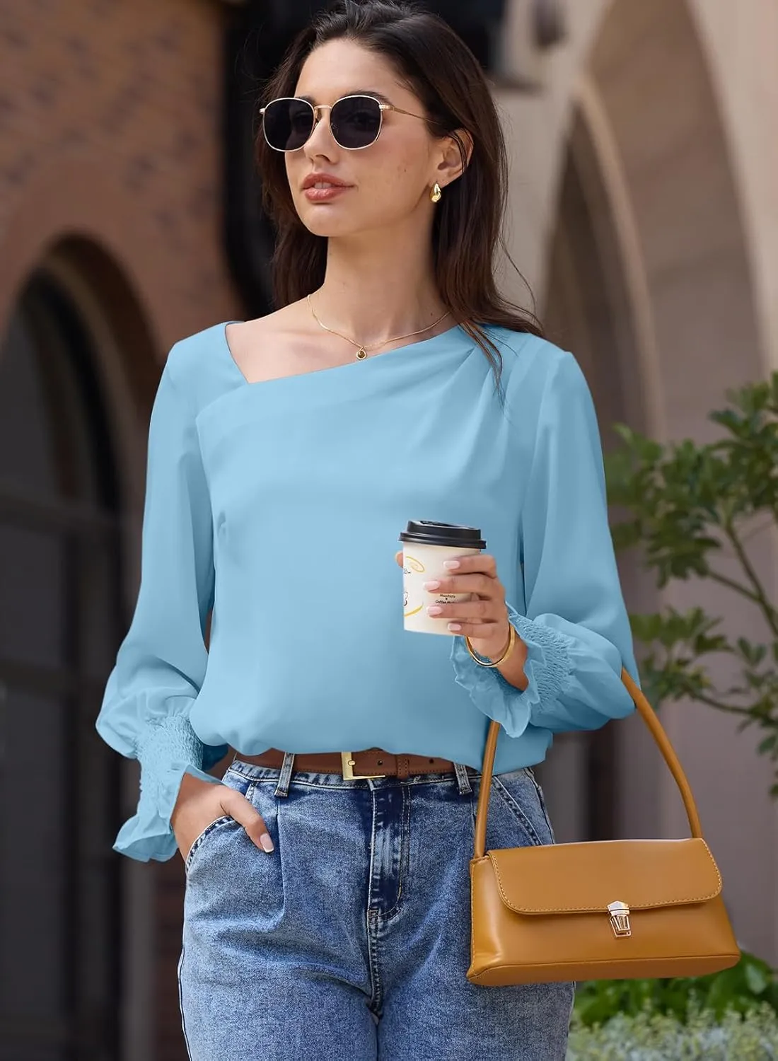 EVALESS Blouses for Women Dressy Casual Pleated Long Sleeve Tops Asymmetrical V Neck Business Work Shirts