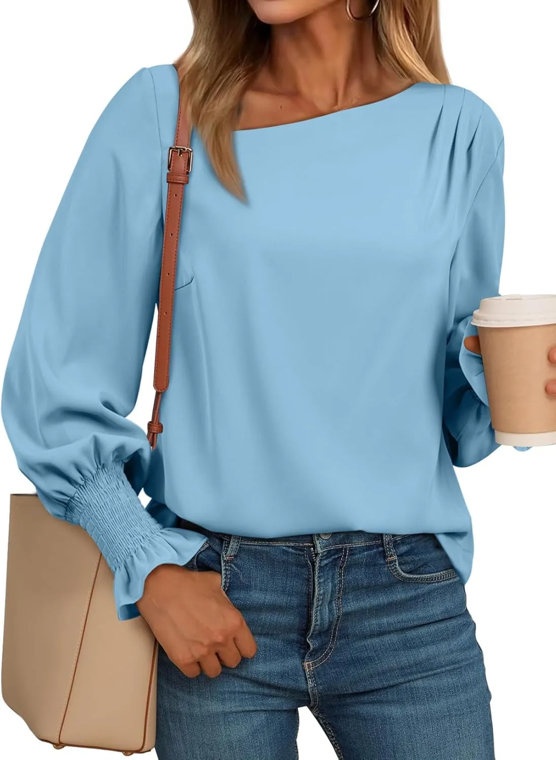 EVALESS Blouses for Women Dressy Casual Pleated Long Sleeve Tops Asymmetrical V Neck Business Work Shirts