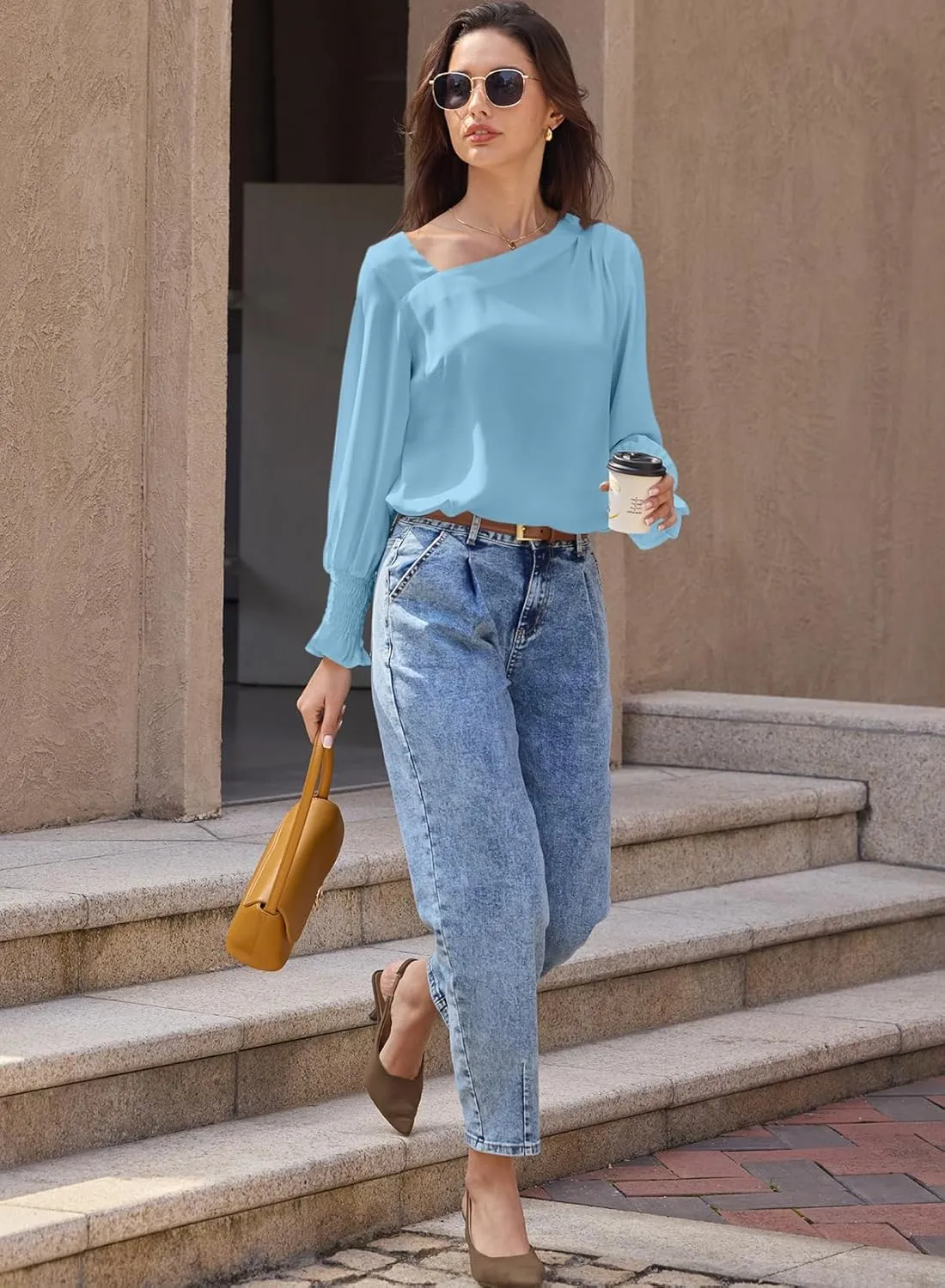 EVALESS Blouses for Women Dressy Casual Pleated Long Sleeve Tops Asymmetrical V Neck Business Work Shirts
