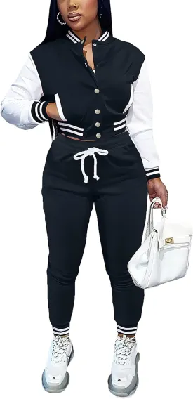 Fooullaide Women's Varsity Jacket Sweatsuit 2 Piece Tracksuit Crop Top Button Down Letterman Jackets Pants Sets